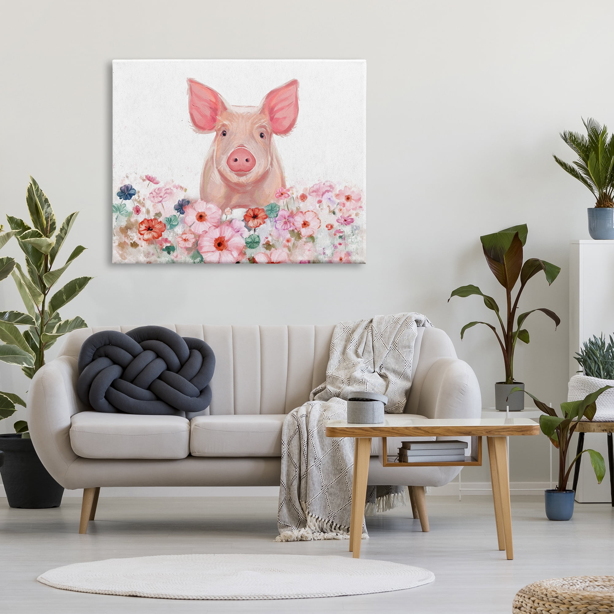 Stupell Industries Pastel Piglet & Florals Animals & Insects Painting Gallery Wrapped Canvas Art Print Wall Art, 48 x 36