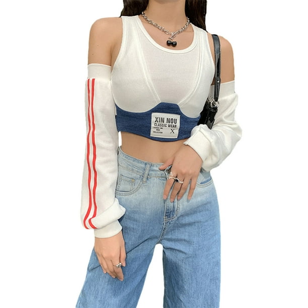 TRKIYQC 2022 nueva Y2K moda mujer Sexy sin mangas cuello redondo Rib Knit Patchwork Crop Tank Top con mangas de brazo a rayas TRKIYQC moderno