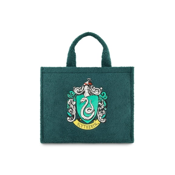 Harry Potter Tote Bag, Slytherin Crest Faux Fur Travel Handbag with Adjustable Shoulder Strap and Trolley Sleeve, Green