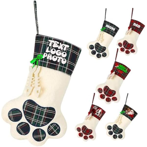wonima02 Custom Paw Christmas Stocking with Photo Text Logo, Personalized Dog Paw Xmas Stocking with Green Red Plaid Cuff, Customized Soft Christmas Stockings with Name, Customize Gifts for Christmas