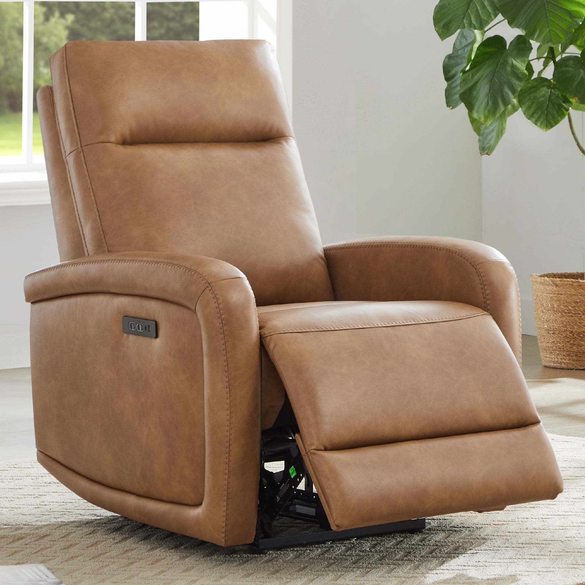 Spruce & Spring Zero Wall Hugger Power Recliner for Compact Spaces, Cognac-Faux Leather