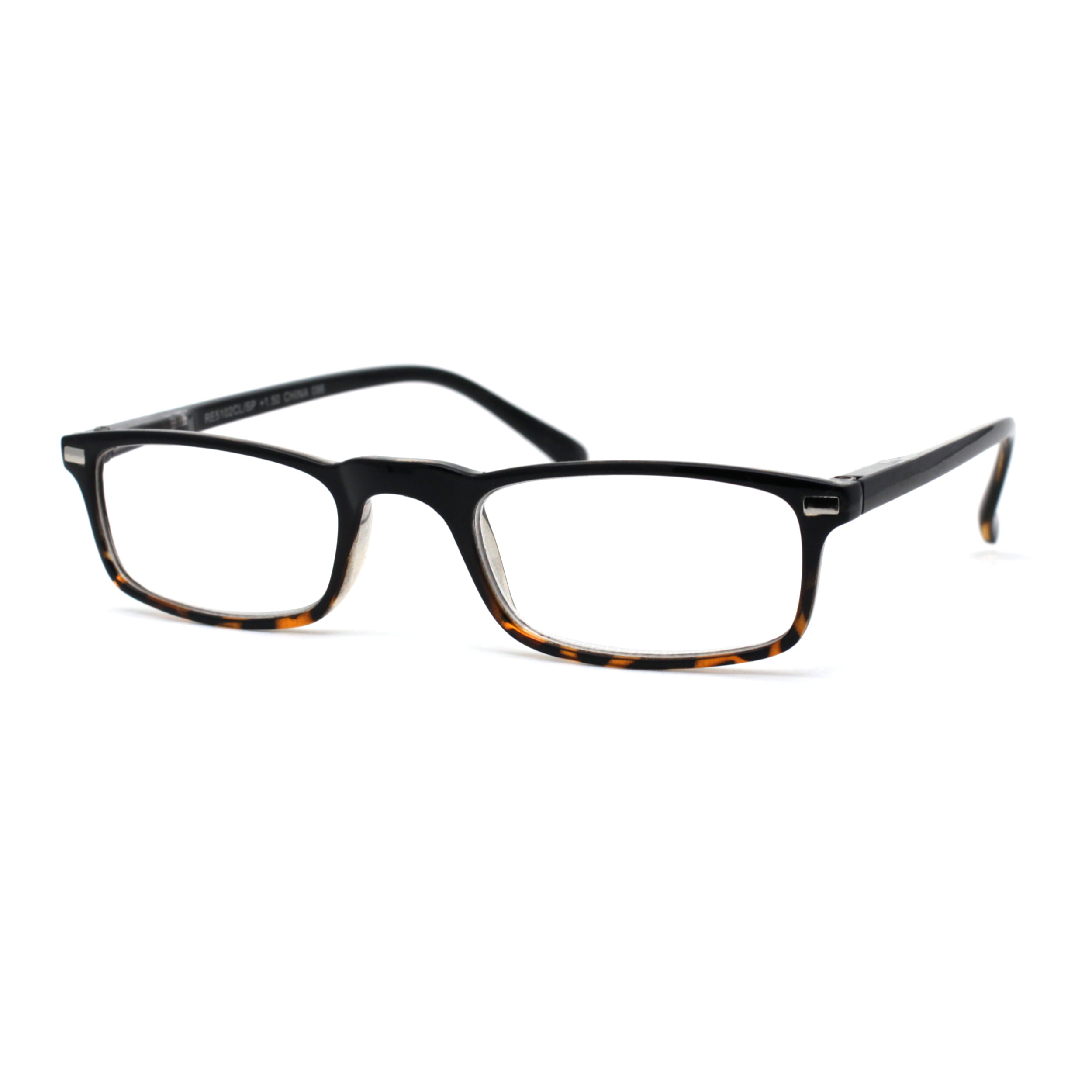 Mens Spring Hinge 90s Narrow Rectangle Plastic Powered Reading Glasses Black Tortoise +1.75