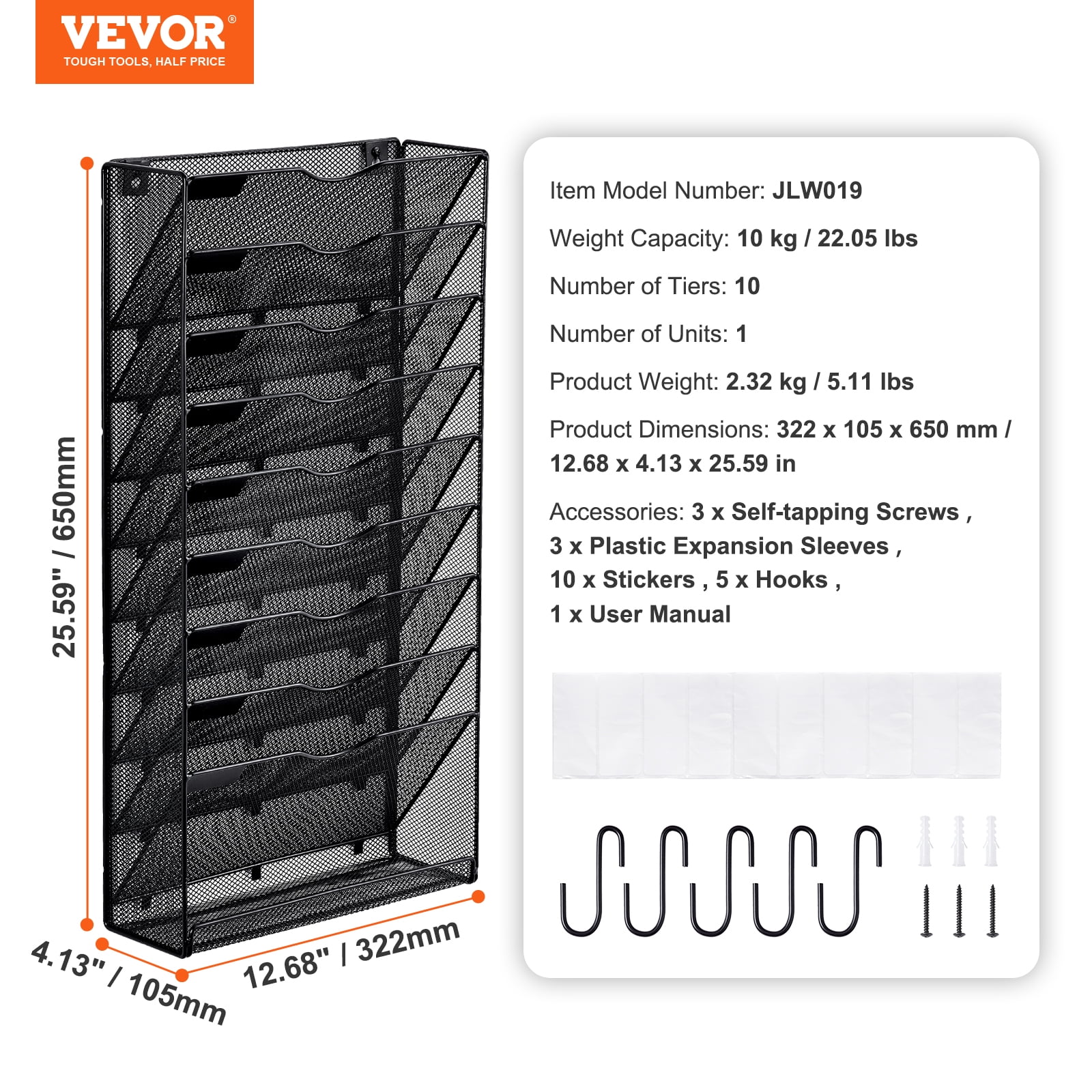 VEVOR File Wall Rack, One-Piece 10 Pockets Mesh Wall File Holder, Wall Mounted Magazine Mail Paper & Document Storage Folder, Metal Wall File Organizer with Nametag Label, for Office Home & School
