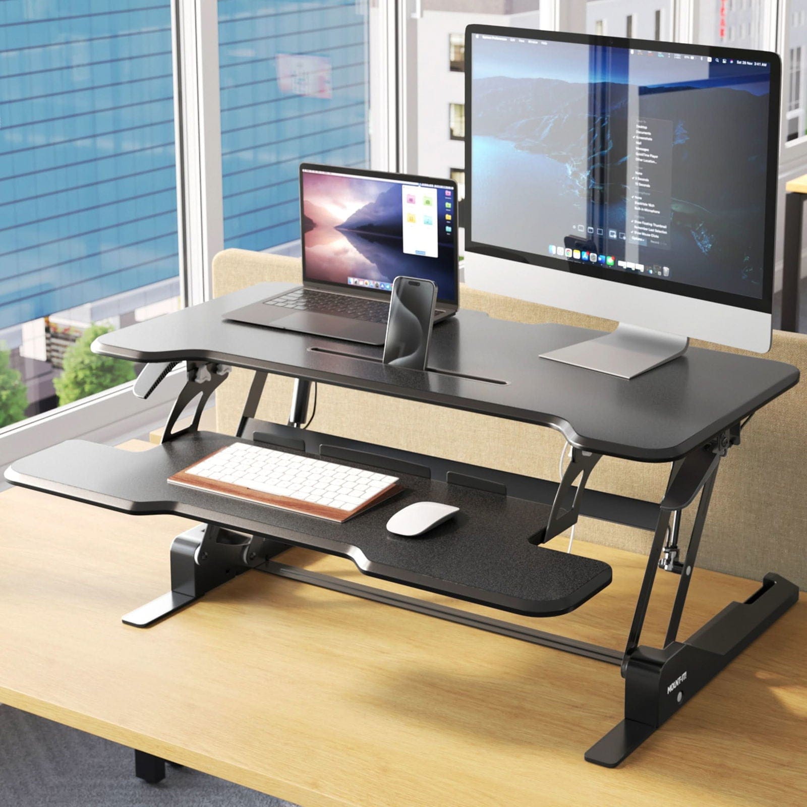 Mount-It! 38'' Standing Desk Converter – Height Adjustable Sit Stand Riser with Dual Monitor Space, Keyboard Tray & Device Slot – Gas Spring Lift, MDF Desktop, Black