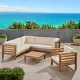 thumbnail image 2 of GDF Studio Cascada Outdoor Acacia Wood 6 Seater Sectional Sofa Chat Set with Cushions, Teak and Beige, 2 of 13