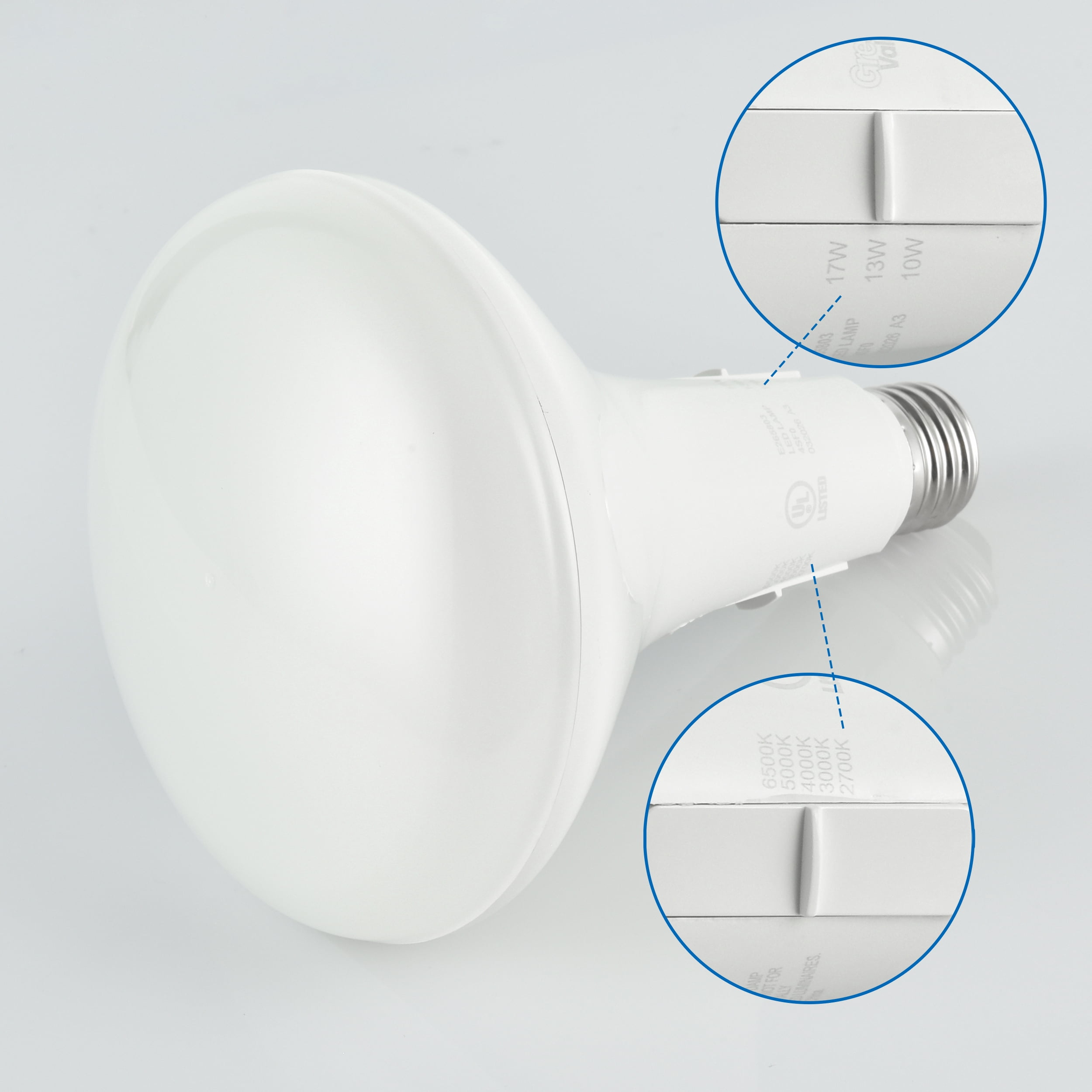 Great Value BR40 LED Flood Light Bulbs, Selectable Brightness & 5 Color Temperatures, 75W/90W/120W Equivalent, E26 Base, 2‑Pack (CEC Title 20)