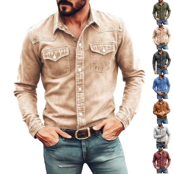 JTSRKL Men's Vintage Cotton Denim Style Shirts Long Sleeve Button Down Cowboy Tops Soft Breathable Casual Work Tees with Chest Pockets Army Green XXXL