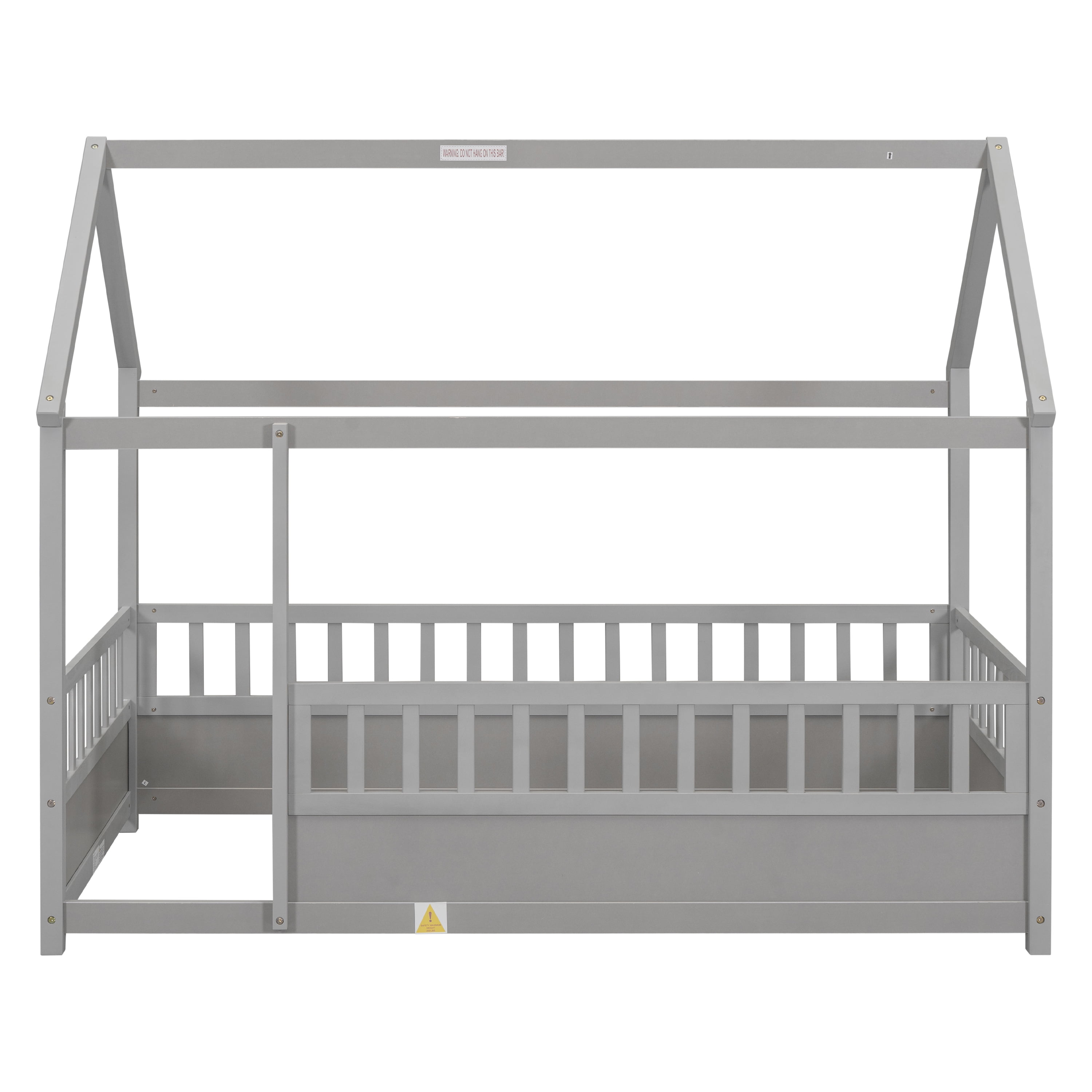 Floor Wooden Bed with House Roof Frame, Twin Size Fence Guardrail Bed for Kids, Grey Pine Wood Children's Bedroom Furniture, 20-Inch High Fence with Roof Structure
