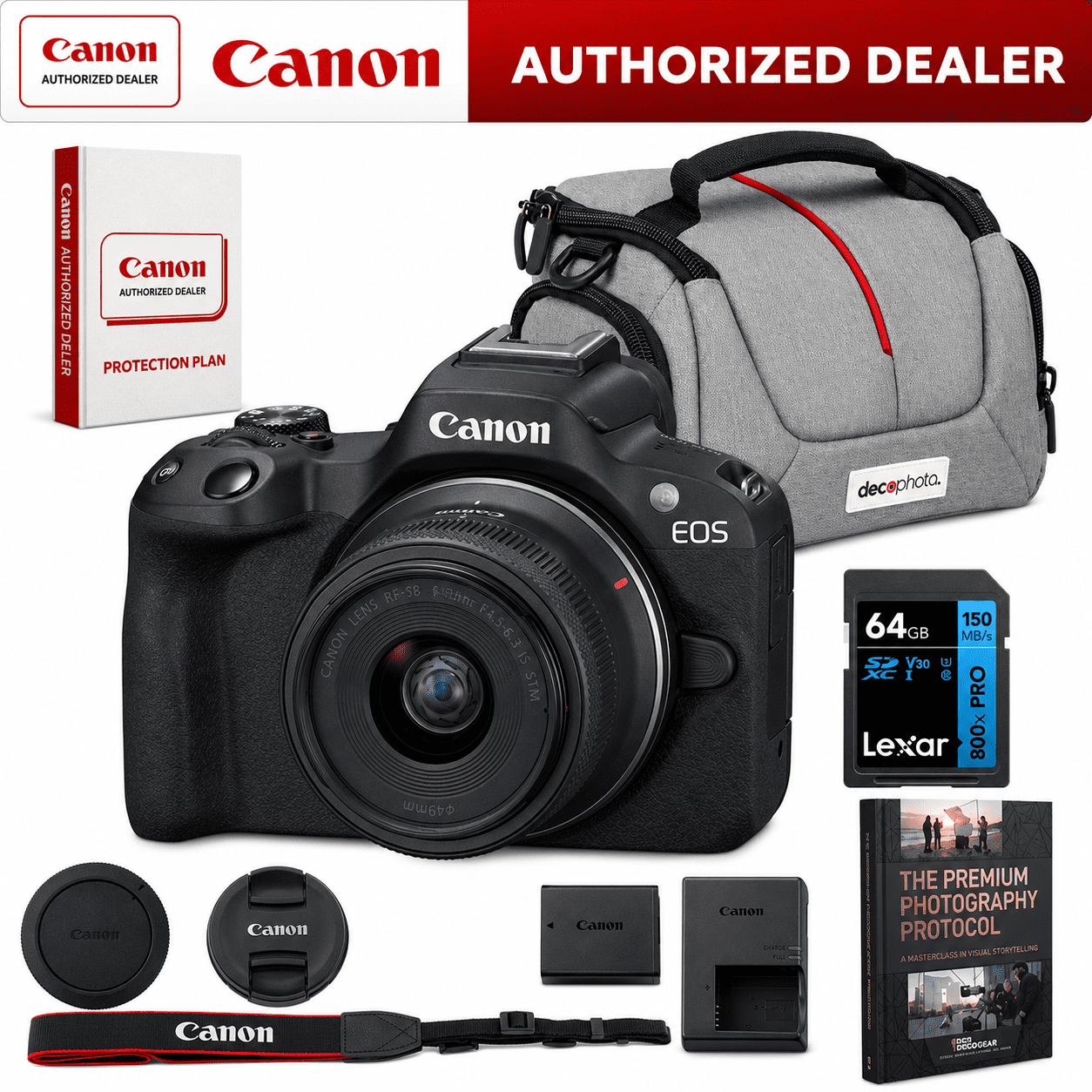 Canon EOS R50 Mirrorless Camera with RF-S 18-45mm F4.5-6.3 IS STM Lens (5811C012) Bundle w/ Lexar Premium PRO BLUE Series 64GB SDXC Memory Card + Deco Essentials Camera Bag + Corel Photo Video Suite