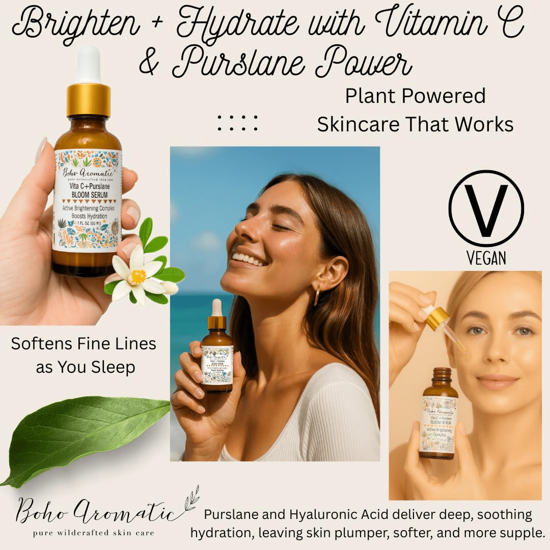 Boho Aromatic BLOOM Vita C + Purslane Brightening Vitamin C Face Serum, Antioxidant & Hydrating for Radiant Skin, Vegan & Cruelty-Free, 1 Pack