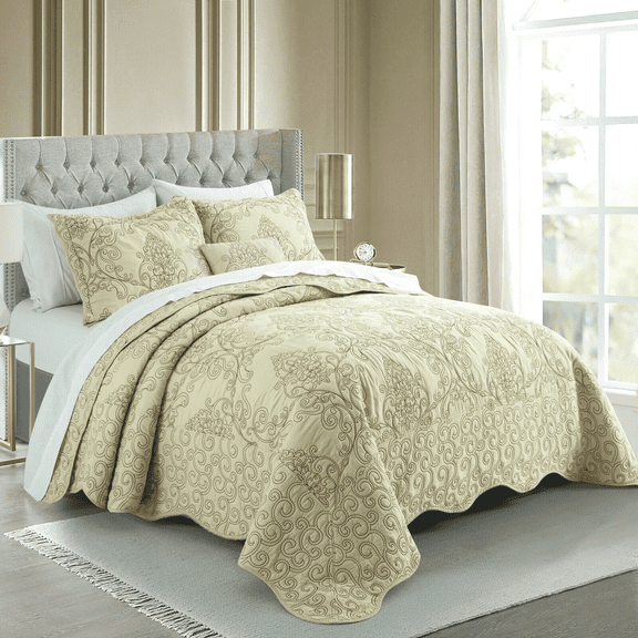 CGDYCF Oversized Queen/King 4Piece Quilt Set Elegant Damask Embroidery Soft Lightweight