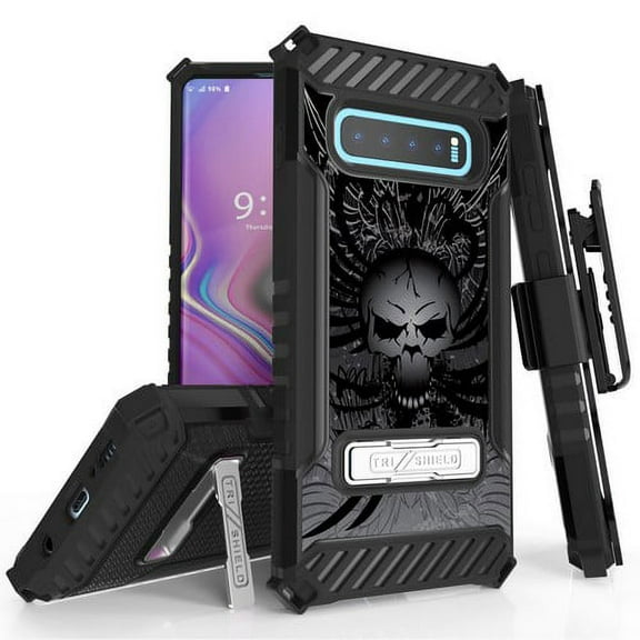 Galaxy S10 Plus (SM-G975) Case, TRISHIELD Rugged Cover With   [Belt Clip Holster]   [Built in kickstand] For Samsung Galaxy S10 Plus - Wing Skull
