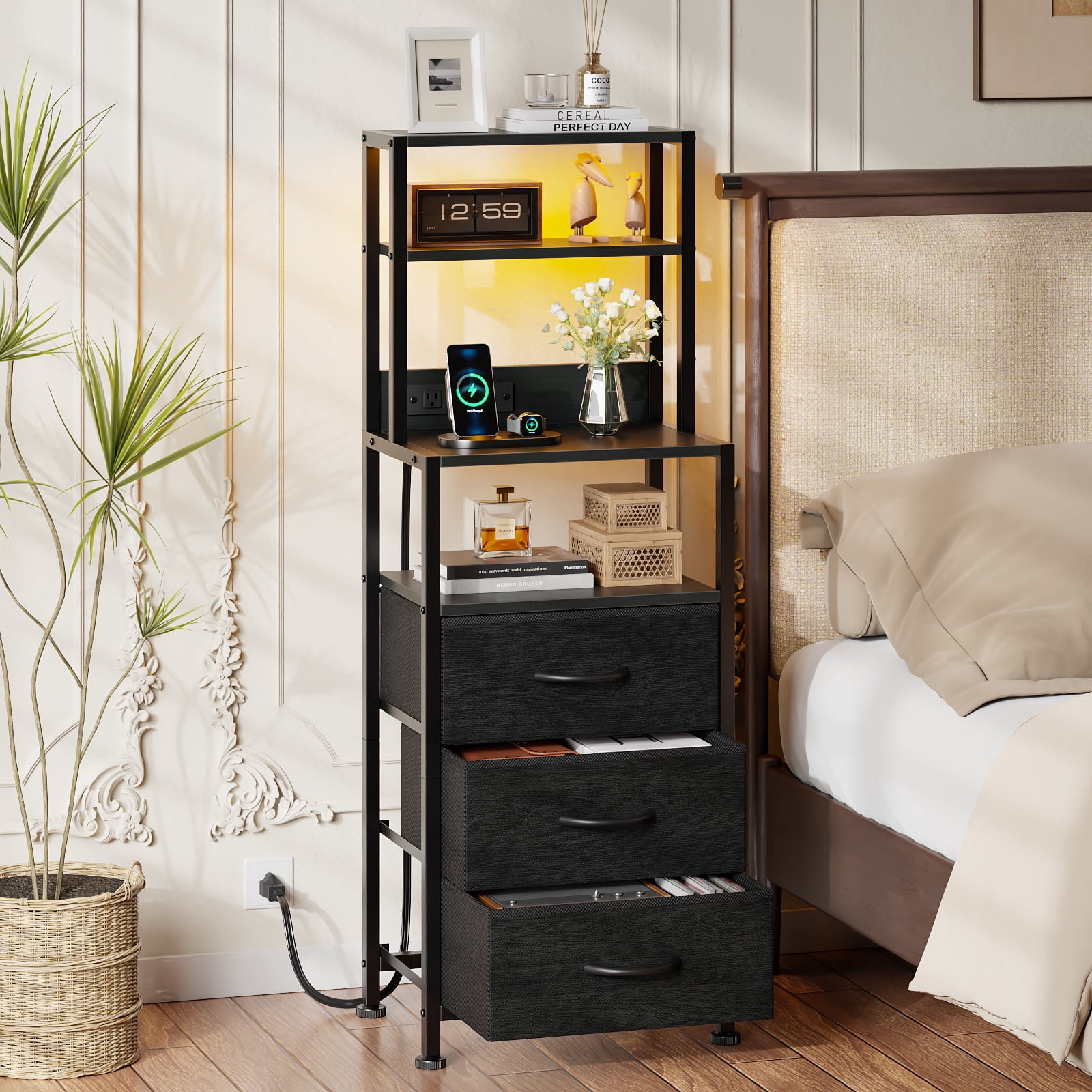 Satifur Tall LED Nightstand,Bedside Table with Charging Station,3 Fabric Drawers & Shelfs for Bedroom Living Room,Black Oak