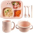thumbnail image 1 of Juego de platos, juego de platos para niños, platos y platos para niños de 6 piezas, tazón para niños, taza, cuchara, tenedor, dinosaurio pequeño de dibujos animados, rosa brand modelStyleType, 1 of 2