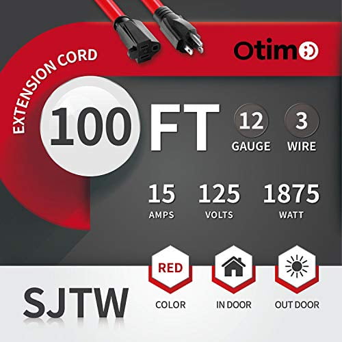 Otimo 100 Ft 12/3 SJTW Red, Heavy Duty Outdoor Extension Cord - 3 Prong Ground Plug, 15A 1875W, Water & Weather Resistant, Flame Retardant