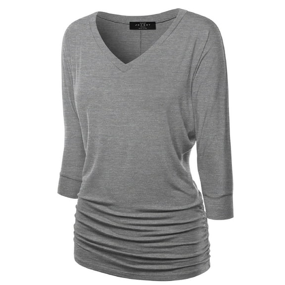 Made by Johnny Women's V-Neck 3/4 Sleeve Dolman Top with Side Shirring XXXXL HEATHER_DARK_GREY