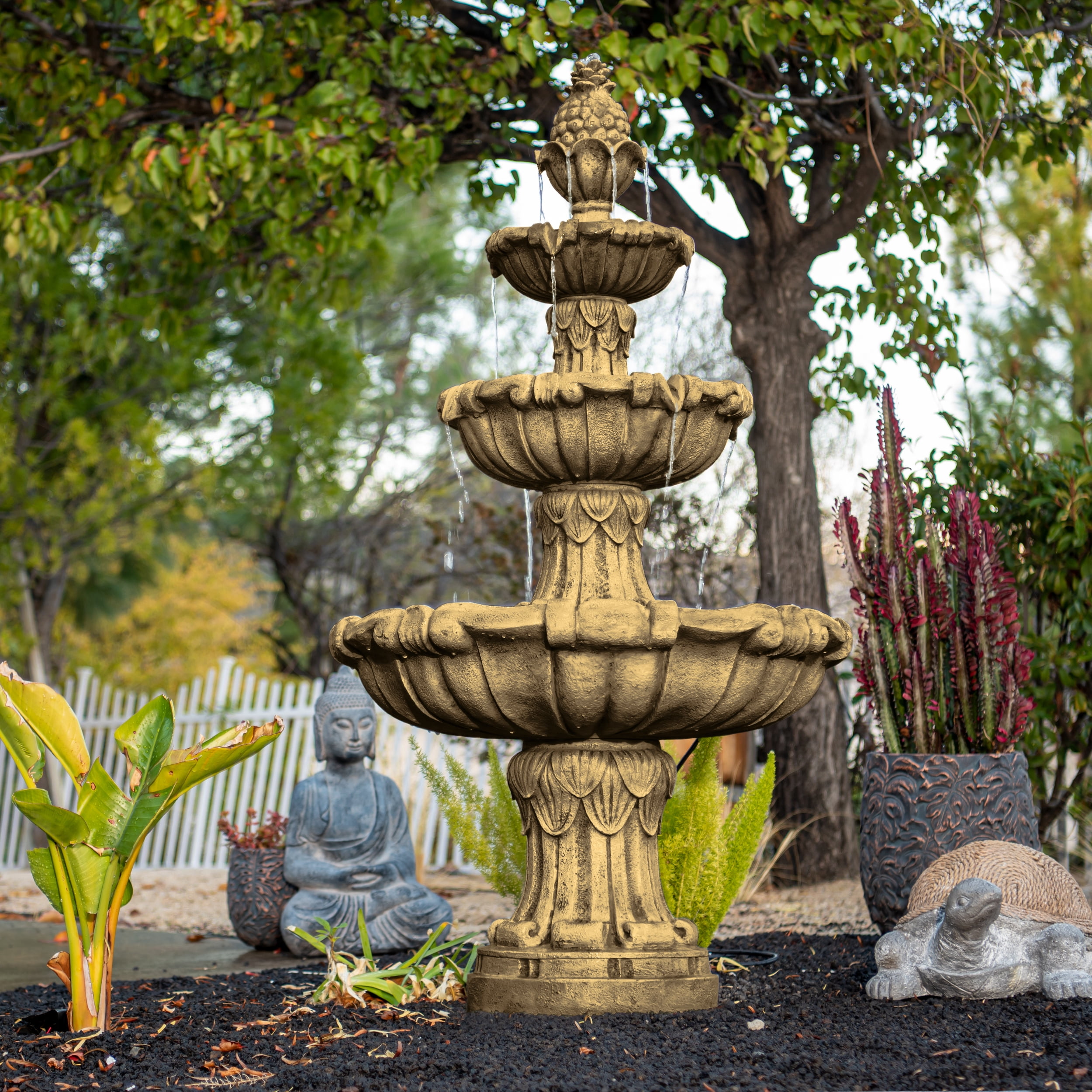 58.3" 3-Tier Electric Outdoor Freestanding Water Fountain - Classic Leaf Design, Beige Resin with Pump