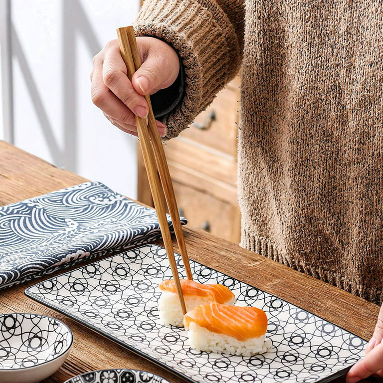 Vancasso Haruka Japanese Style Porcelain Sushi Plate Set with 2*Sushi  Plates,Dipping Dishes,2 Pairs of Bamboo Chopsticks Gift