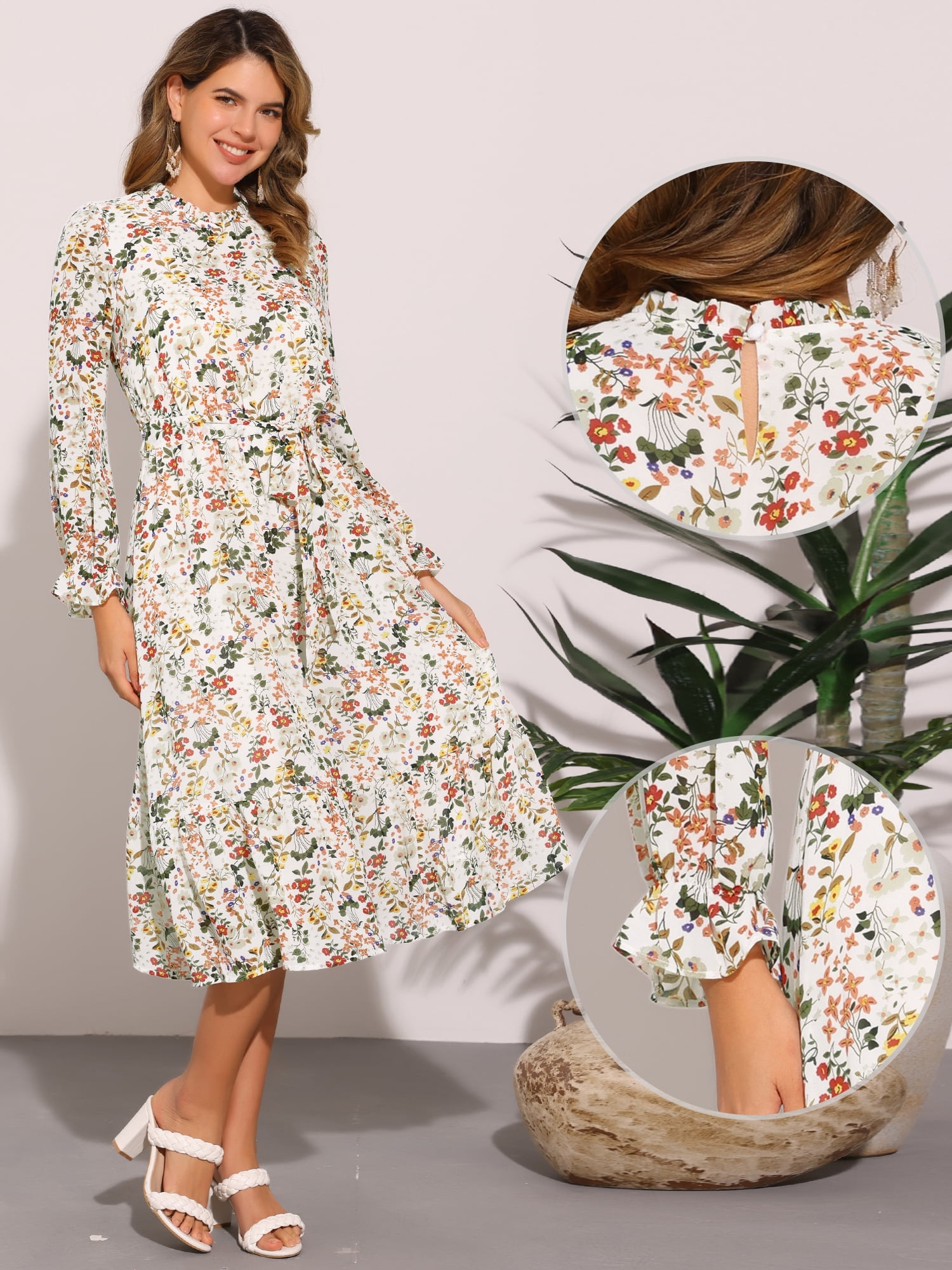 DARING DIVA Fall Floral Long Sleeve Chiffon Midi Dress XL White