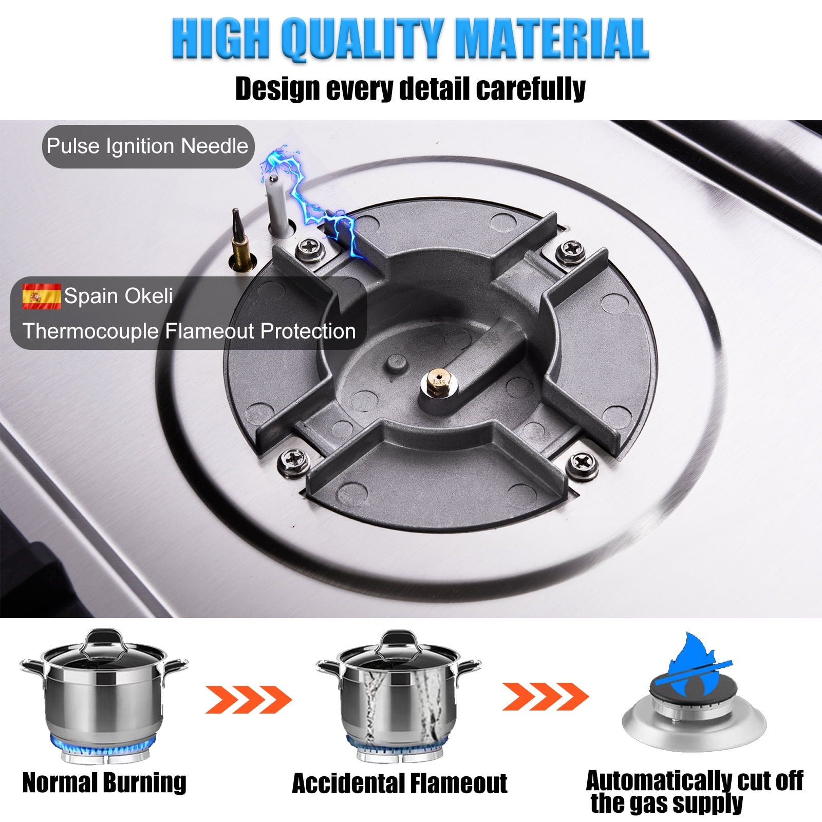 Hothit Propane Gas Cooktop 30" Inch, 5 Burner Built-in Stainless Steel Gas Stove Top, LPG/NG Dual Fuel Auto Ignition Gas Hob, Include Gas Pressure Regulator(L30"×W20")