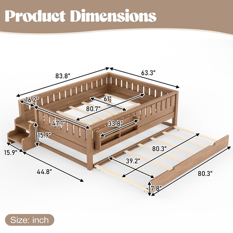 URTR Queen Bed with Rail and Bookshelf, Queen Size Wooden Montessori Floor Bed with Small Stairs and Trundle, Queen Size Platform Bed Frame, No Box Spring Needed, Natural
