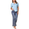 thumbnail image 2 of Camisa Chambray INSPIRE CHIC para mujer con cuello Peter Pan, mangas abullonadas, blusa de denim vintage, talla XS, color azul hermoso, 2 of 6