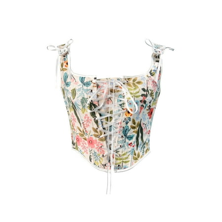 

Merqwadd Women Vintage Floral Print Vest Boat Neck Jacquard Camisole Flounce Irregular Suspender Corset