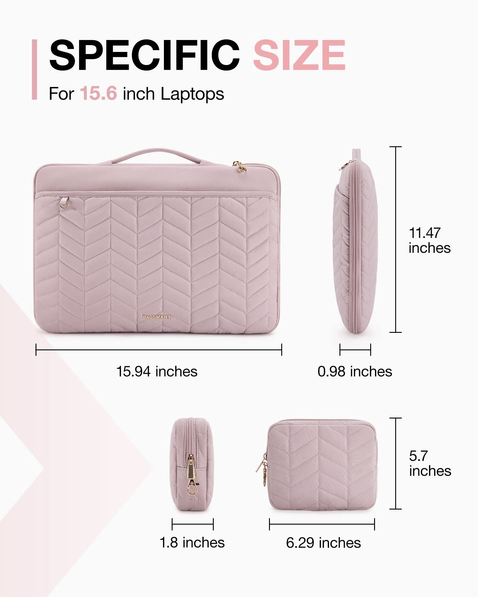 BAGSMART 15-16" Laptop Sleeve Bag Compatible with MacBook Air Pro, Puffy Padded Protective Slim Laptop Case with Accessories Bag, Pink
