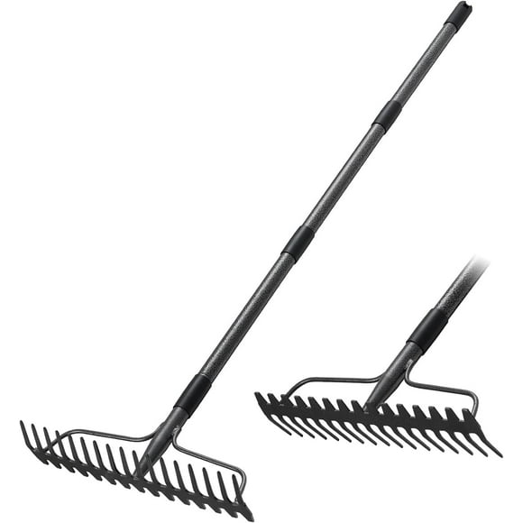 shiyou-Rake, 17 Tines, Long Handle 17 Inch Wide Heavy Duty Garden Rake Thatch Leaf Rakes for Raking Leaf Loosening Soil Gathering Mulch Leveling Rocks, Rustproof Metal Bow Rakes for Leaves Grass