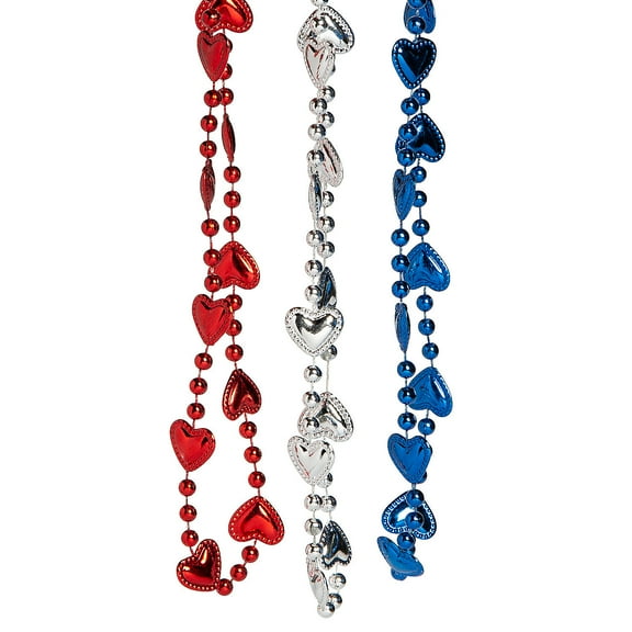 Patriotic Metallic Bead Necklaces with Hearts - 24 Pieces