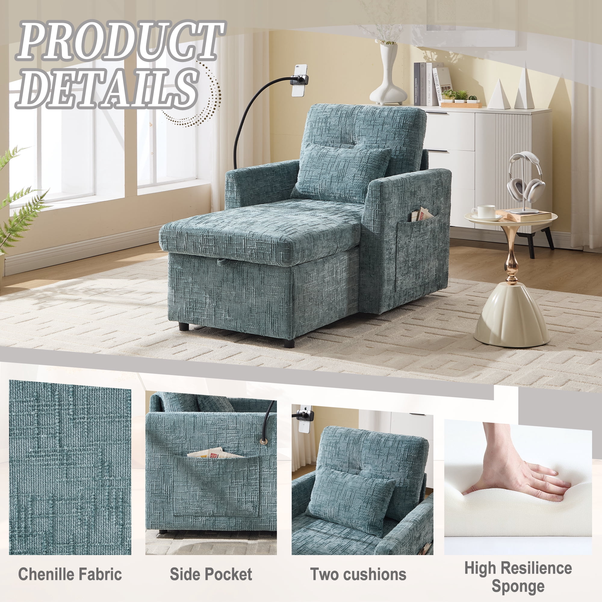 MOONMISS Chenille Upholstered Storage Lazy Single Leisure Chair Sofa with Phone Holder&Side Pocket-Lake Blue