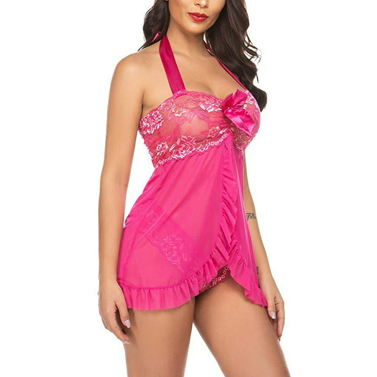 RQYYD Plus Size Lingerie for Women Nightwear Lace Babydoll Nighty Halter  Chemise Lingerie on Clearance (Hot Pink,S)