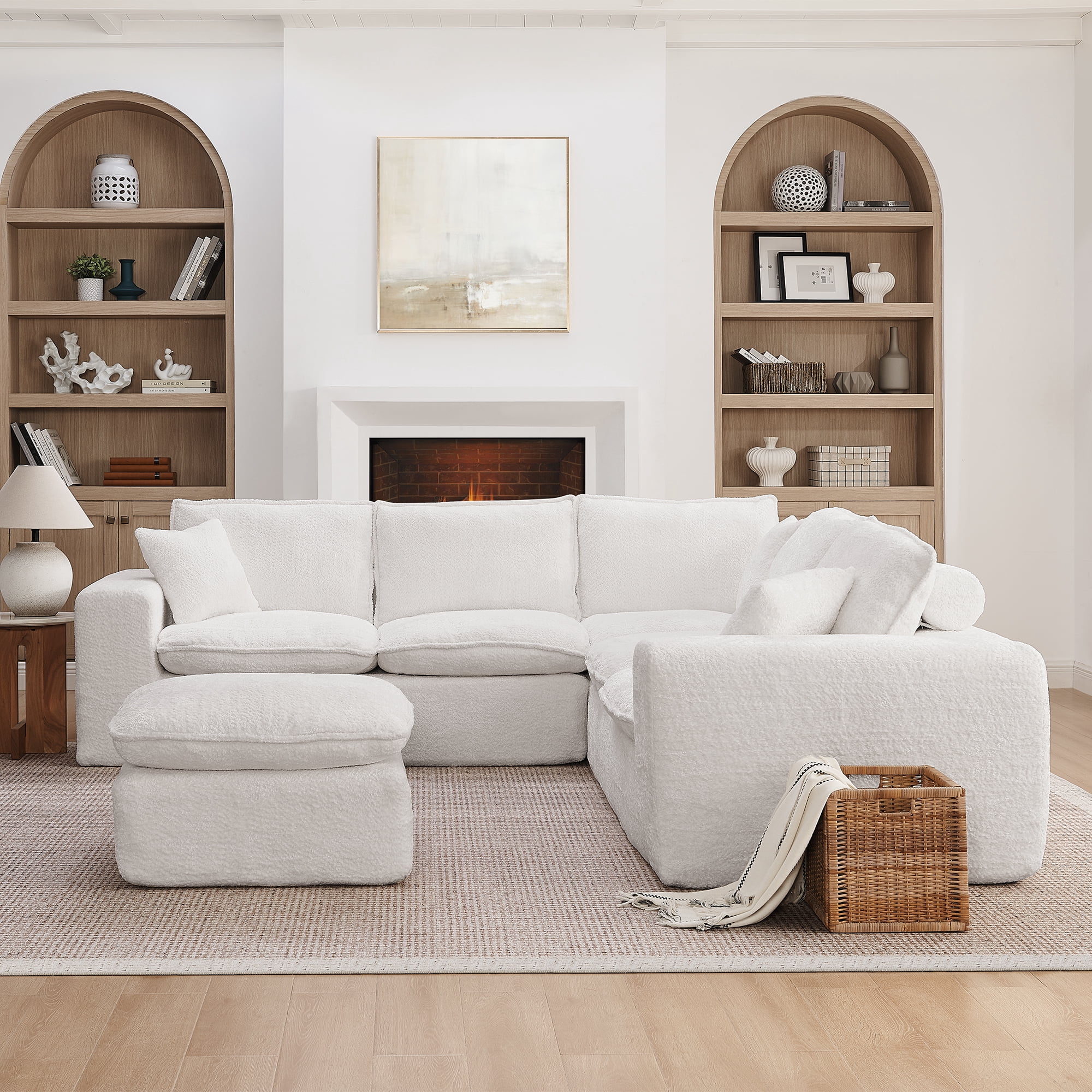 107" Modular 6 Seats Sectional Sofa Boucle Cloud Couch L Shape with Ottoman Deep Seat Comfy Living Room Sofa with Pillows, No Assembly, Beige