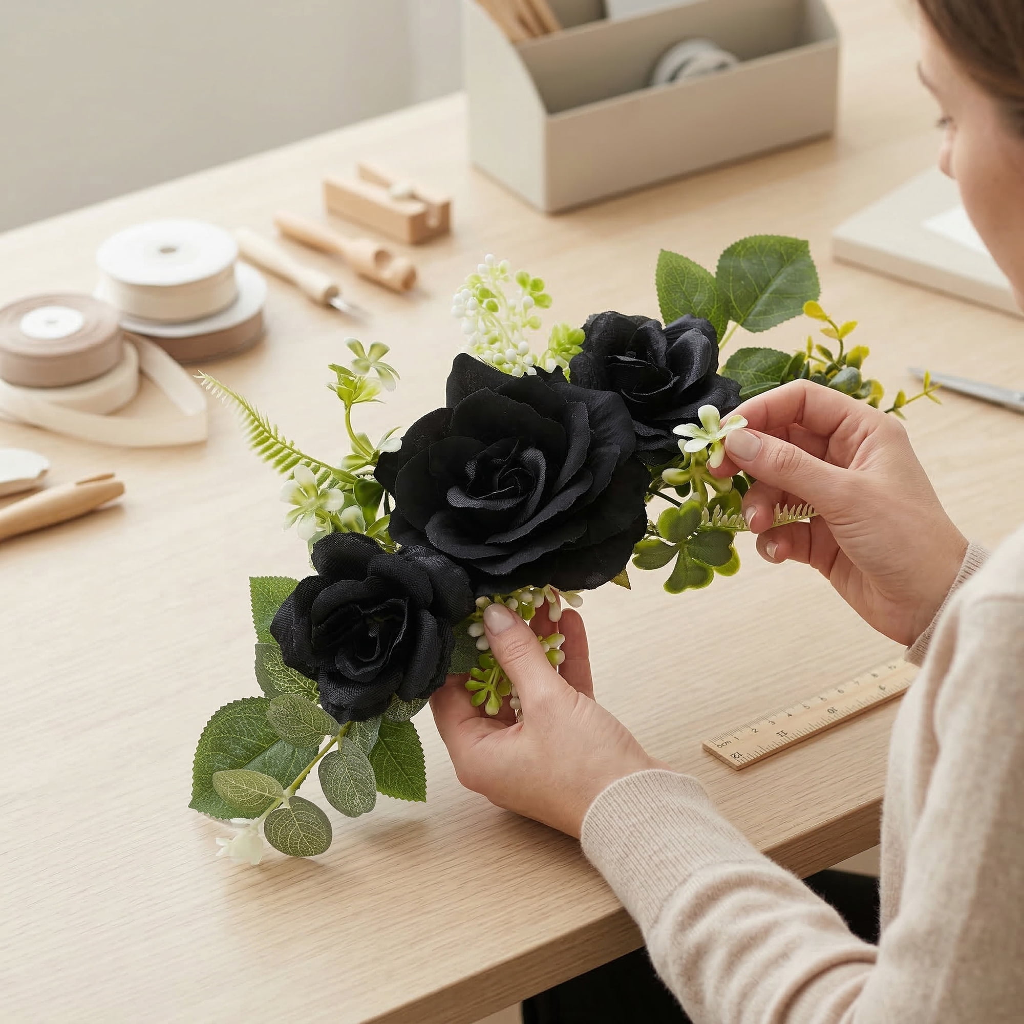 Unique Bargains 4Pcs Artificial Rose Bouquets Silk Flowers Black 13 in