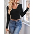 thumbnail image 2 of Long Sleeve Shirts for Women 2025 Fall Fashion V Neck Basics Crop Tops Slim Fitted Y2K Tops Outfits Clothes Black S, 2 of 8