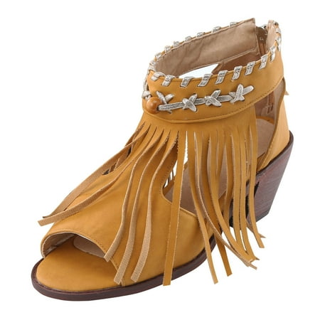 

Womens Sandals Sandals for Women Ladies Chunky Heel High Heel Back Zipper Tassel Fish Mouth Sandals Women S Sandals Pu Yellow 38