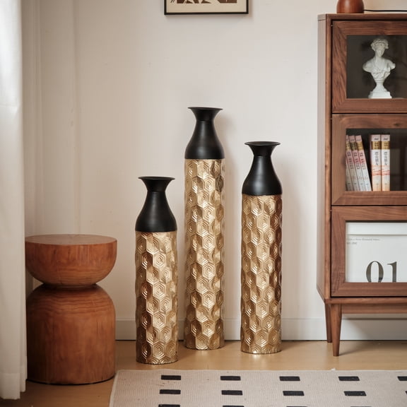 White Metal Vases Set of 3, Large Glazed Floor Vases 33.8"/29.1"/24.8" Tall, Geometric Cylinder Gold Accent Vases for Living Room Entryway Home Decor