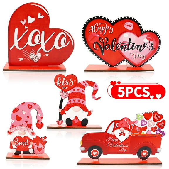 Valentines Day Wooden Table Sign Decoration Freestanding Table Centerpiece Sign Romantic Truck Heart Shape Home Decor Tiered Tray Gnome Accessories 5 Pcs