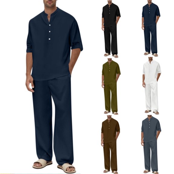 Long Sleeve Casual Outfit For Men Henley Half Button Stand Collar Shirt Matching Loose Fit Long Trousers