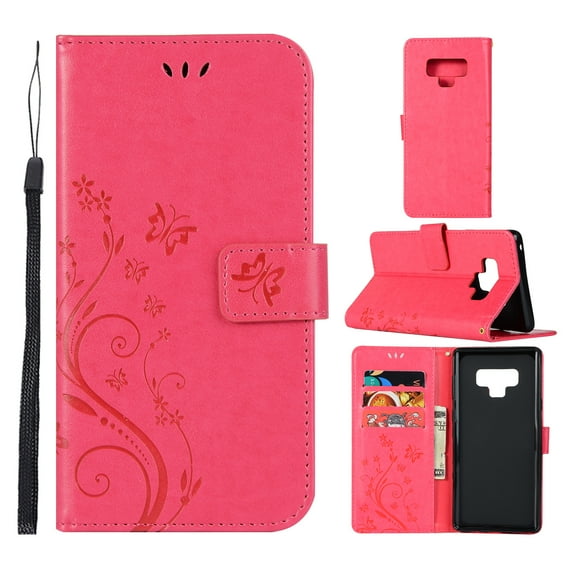 Note 9 Case, Samsung Galaxy Note 9 Case - Allytech Premium Wallet PU Leather with Fashion Embossed Flower Magnetic Clasp Card Holders Flip Cover with Hand Strap, Rose