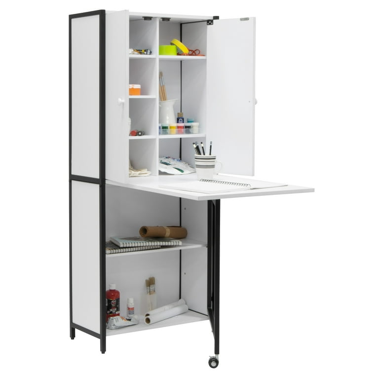 Multipurpose Armoire (58.75 Tall) with Folding Top for Craft, Sewing,  Office or Home in White / Black