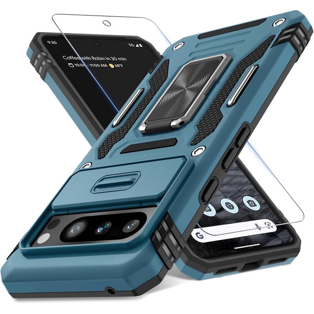 KOMI Case for Google Pixel 9 Pro XL with Slide Camera Cover+Screen Protector (1 Pack), Rotated Ring Kickstand Military Grade Shockproof Heavy Duty Protective Cover Light Blue