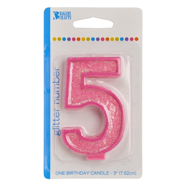 Glitter Numeral Candle Pink 5