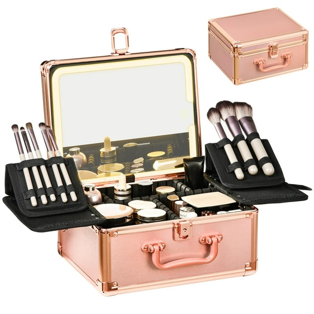 Estuche de maquillaje GALHUBIS con espejo iluminado y soporte para brochas