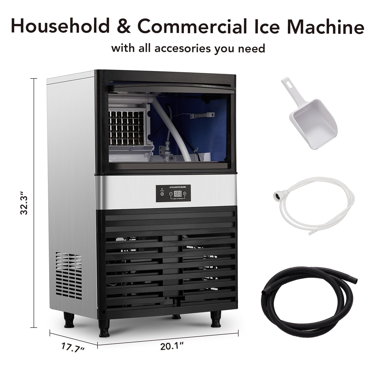Homhougo—Broadfashion Commercial Under Counter Ice Maker Machine Stainless Steel 33lbs Storage Capacity Freestanding 4 * 8 Cubed Ice