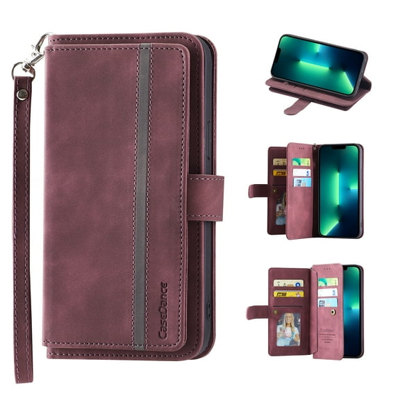 Case for iPhone 13, Multi-Functional Premium PU Leather Purse Flip Cover Classic Wallet Case with Card Slots Magnetic Wrist Strap Phone Case for Apple iPhone 13 - 6.1", Winered