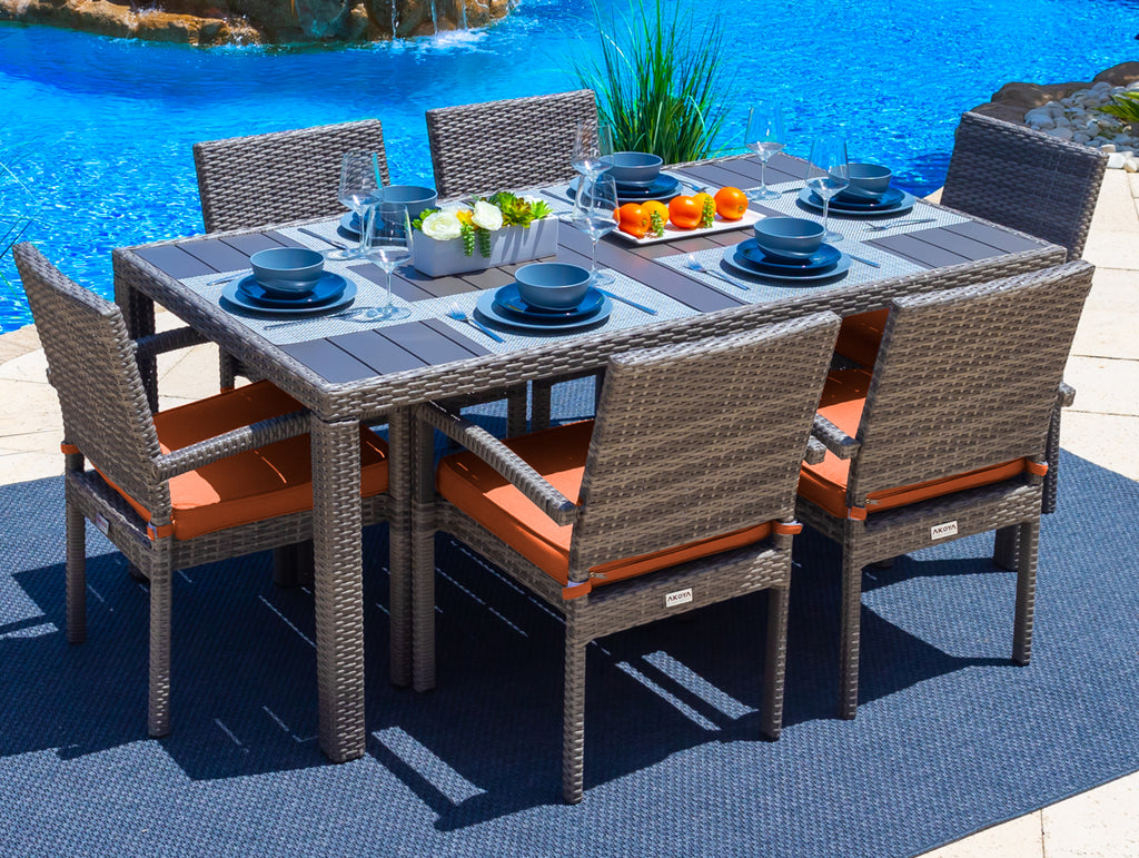 Sorrento 7-Piece Resin Wicker Outdoor Patio Furniture Dining Table Set in Gray w/ Dining Table and Six Cushioned Chairs (Flat-Weave Gray Wicker, Sunbrella Canvas Tuscan) - image 1 of 3