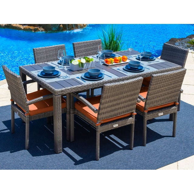 Sorrento 7-Piece Resin Wicker Outdoor Patio Furniture Dining Table Set in Gray w/ Dining Table and Six Cushioned Chairs (Flat-Weave Gray Wicker, Sunbrella Canvas Tuscan)
