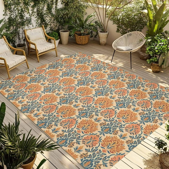 Fsddascl Orange Blue Geometric Outdoor Rug for Patio/Deck/Porch, Non-Slip Large Area Rug 4 x 6 Ft, Ethnic Southwest Country Indoor Outdoor Rugs Washable Area Rugs, Reversible Camping Rug Carpet