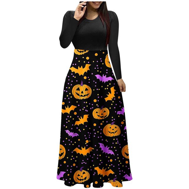 Enjoytime Robes Maxi d'Halloween pour Femmes Imprimées Col Rond Manches Longues Robe de Soirée Élégante Vintage Patchwork Gothique Vêtements Violet m